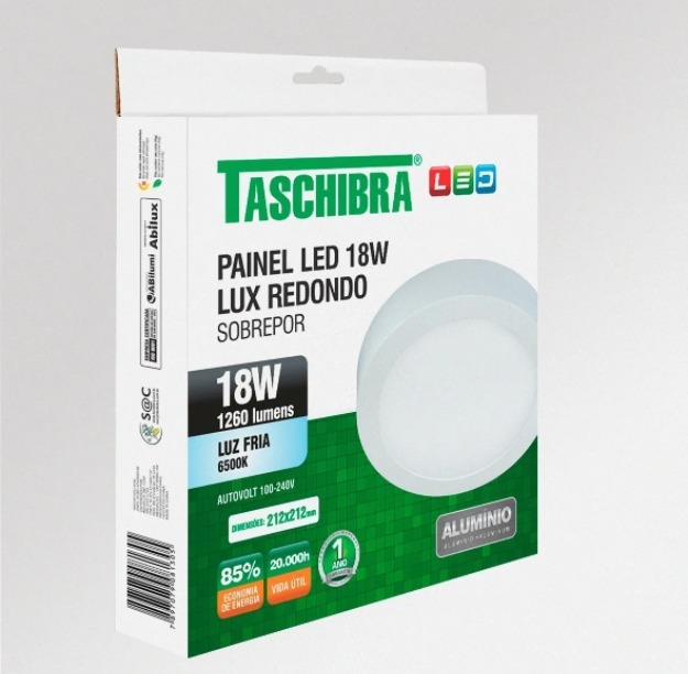 Caixa do Plafon Painel de Led Sobrepor Redondo 18W Taschibra, exibindo especificações como 1260 lumens e luz fria 6500K. Lustres Gênesis loja online de Lustres e Iluminação Decorativa